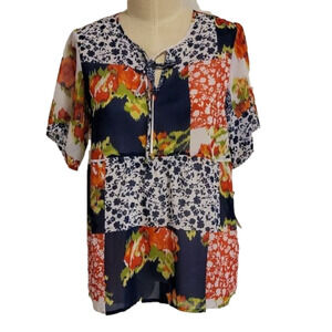 𝅺valerie Stevens medium floral patchwork sheer blouse NWT
